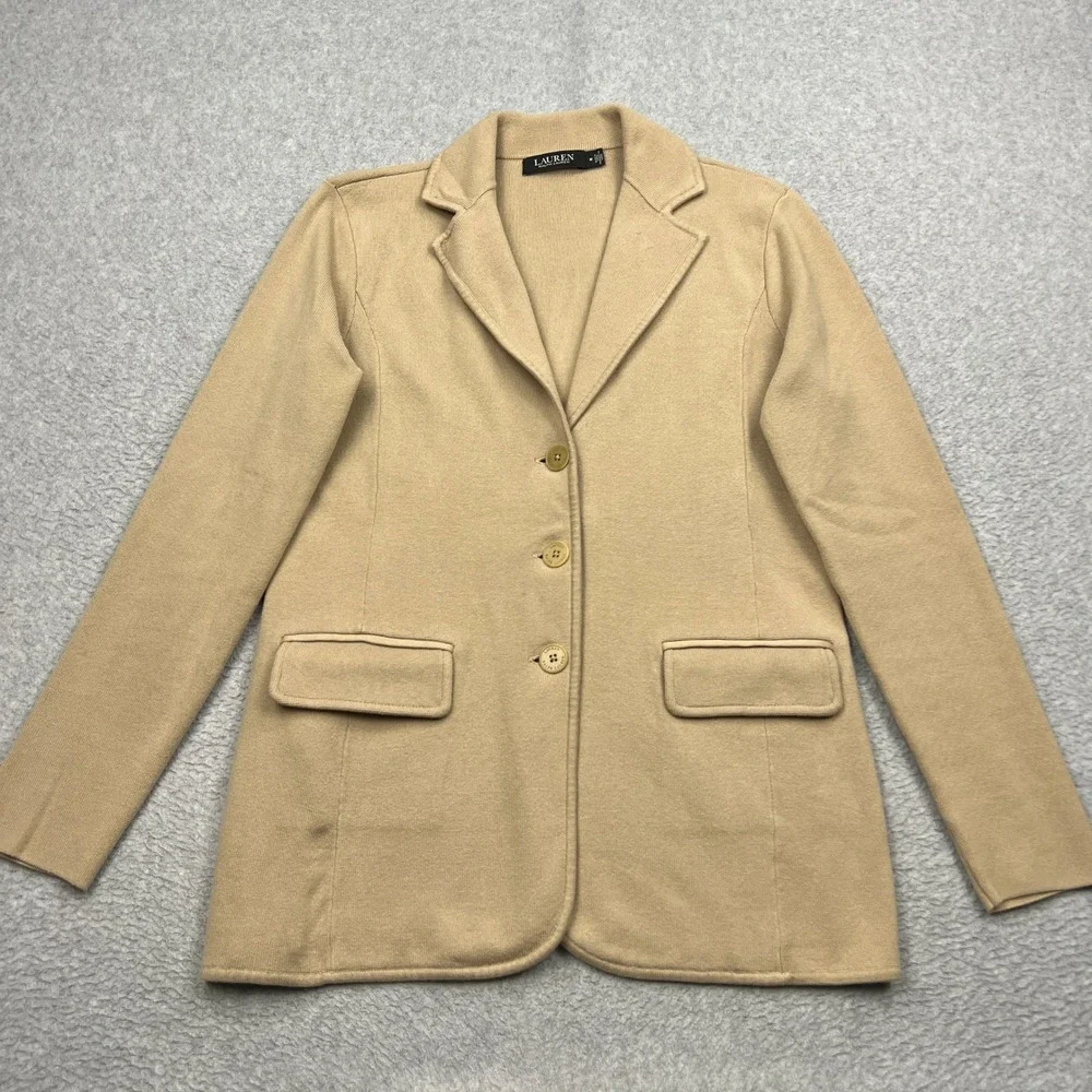 Lauren Ralph Lauren Blazer Womens Medium Tan Sweater Knit 3-Button Flap Pockets
